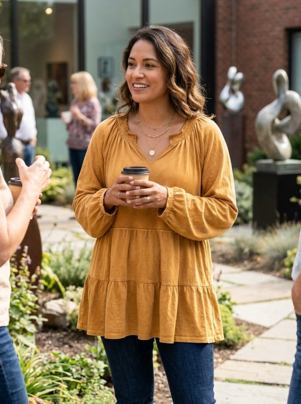 Wonderly Tiered Dress Size Xl Mustard Color Long Sleeve Washed Look Excellent